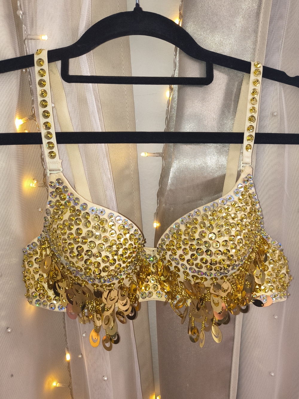 Forplay Gold Rhinestone Sequin Fringe Rave Bra Top Size 34B